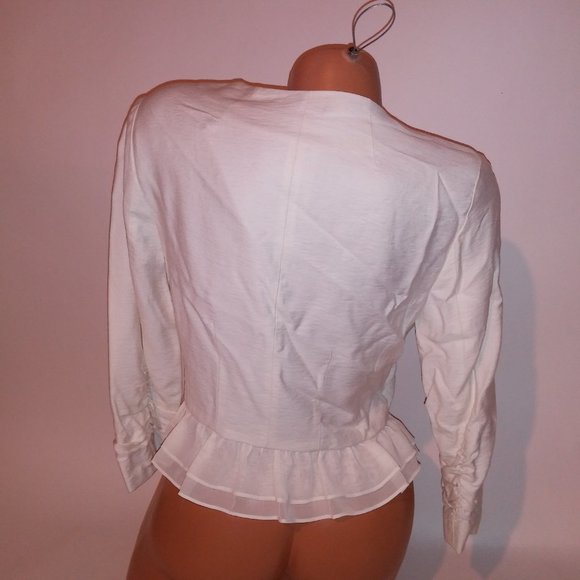 Elle Blouse Blazer‎ Medium Ivory Ruffle Trim Hook & Eye Front Closure Solid - Picture 9 of 12